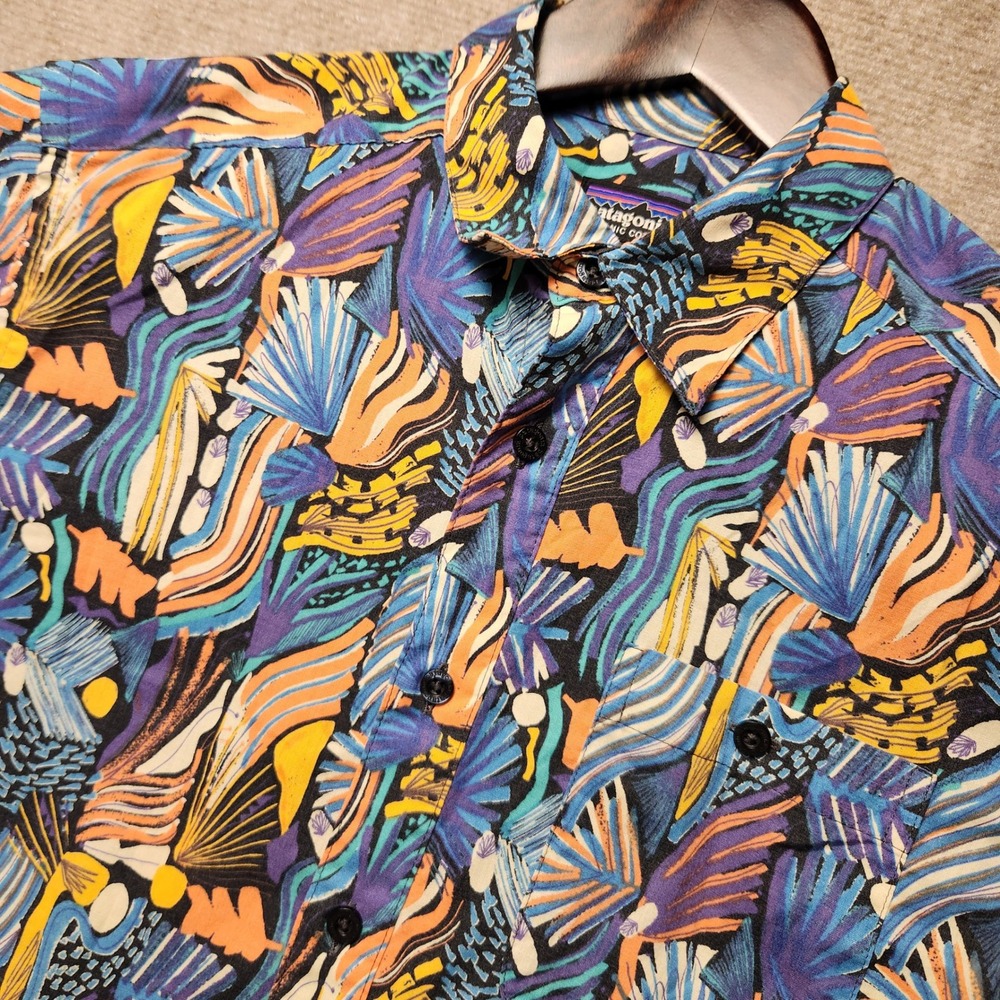 Patagonia Button Down Shirt Mens S Blue Orange Abstract Organic Cotton Go To